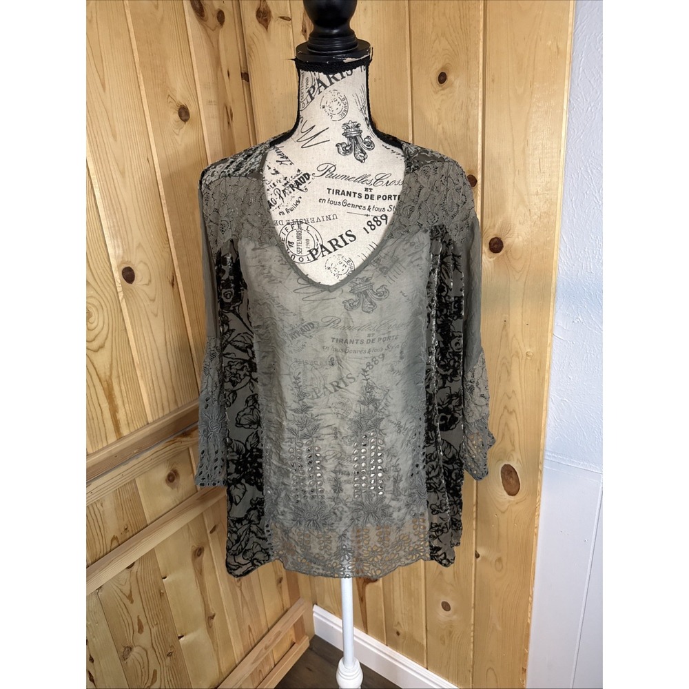 Johnny Was 4 Love & Liberty Velvet Silk Blend Floral Shirt Blouse Green Lace XL
